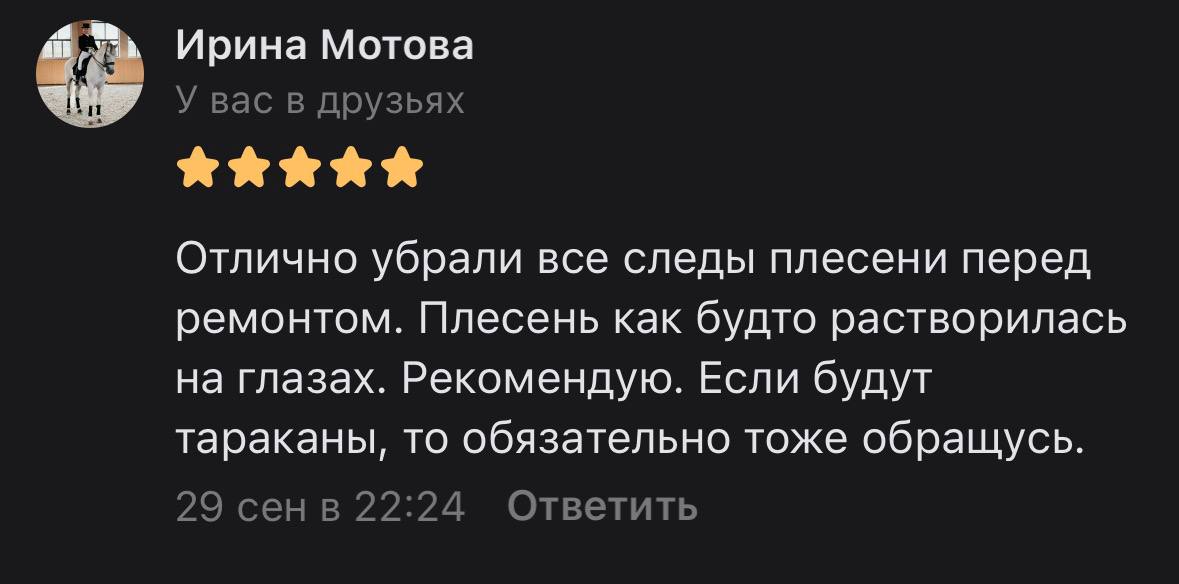 Скриншот отзыва Ирины Мотовой во ВКонтакте об удалении плесени
